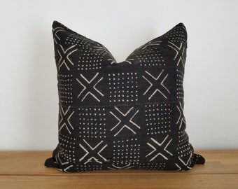 CLEARANCE - Authentic Mudcloth Pillow, Vintage Mali Bogolan, Black, Off-White, Cream, Cross, X, Dots, MBL009 - CLEARANCE