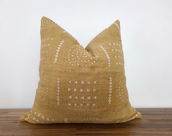 CLEARANCE - Authentic Mudcloth Pillow, Malian Bogolanfini, Mustard, Golden, Off-White/Cream - CLEARANCE