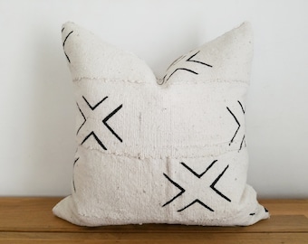 CLEARANCE - Authentic Mudcloth Pillow, Vintage Mali Bogolan, White, Cream, Black, X, Cross - CLEARANCE