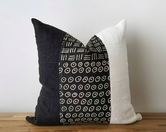 Authentic Mudcloth Pillow, Mali Bogolan, Black, Off-White, MBLW002