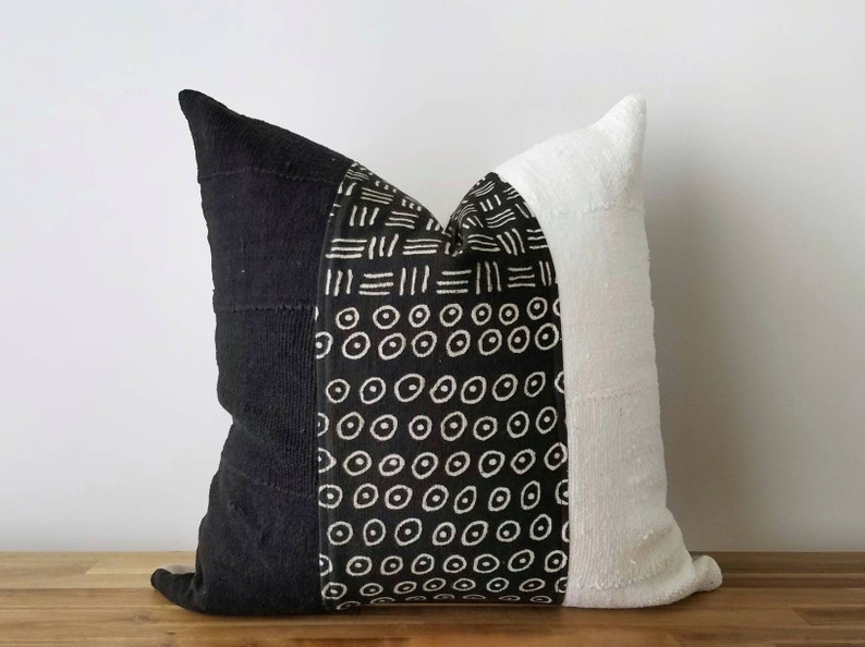 Authentic Mudcloth Pillow, Mali Bogolan, Black, Off-White, MBLW002 image 1