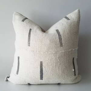 Authentic Mudcloth Pillow, Mali Bogolan, Cream, Gray, Grey, Lines, MW003
