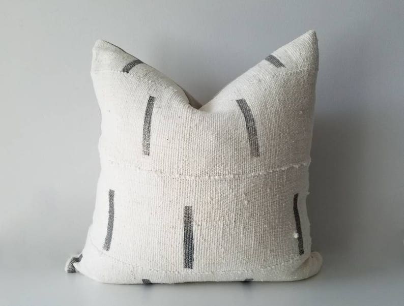 Authentic Mudcloth Pillow, Mali Bogolan, Cream, Gray, Grey, Lines, MW003 image 1