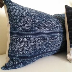 Authentic Hmong Indigo Batik Pillow, Natural Indigo Tribal Batik, 14 x 26 image 1