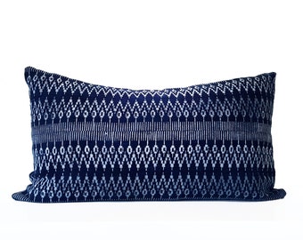 Authentic Geometric Indigo Batik Hmong Pillow, Hand-dyed by Tribal Women, Natural Indigo, Blue, White, 14" x 24"