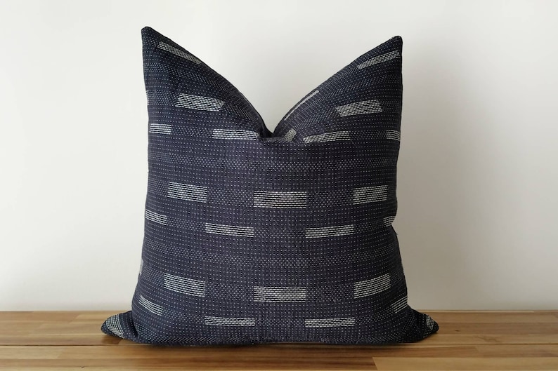 Minimalist, Scandi, Zen, Thai Indigo Cotton with Modern Sashiko Pillow Indigo, TW002 image 1