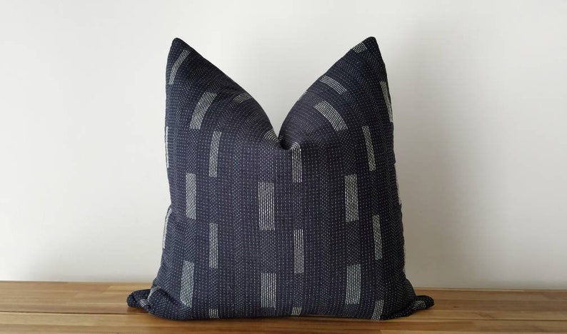 Minimalist, Scandi, Zen, Thai Indigo Cotton with Modern Sashiko Pillow Indigo, TW002 image 2