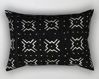 CLEARANCE - Authentic Mudcloth Lumbar, Mali Bogolan - Black and White - Geometric, Large X, Cross, Squares, Dots - CLEARANCE