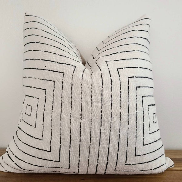 Authentic Mudcloth Pillow, Mali Bogolan, Off-White, Cream, Black, Squares, MW005