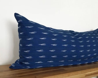 Handwoven Lumbar Pillow Cover, Ikat, Indigo, Blue, White, 13” x 35”, I004