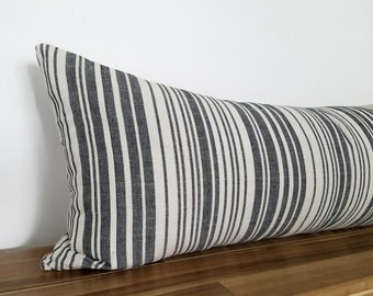 Handwoven Lumbar Pillow Cover, Striped, Grey, Ivory, 13” x 35”, TW004