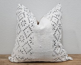 CLEARANCE - Authentic Mudcloth Pillow, Vintage Mali Bogolan, Off-White/Cream, Gray/Grey, Flowers, Diamonds - CLEARANCE