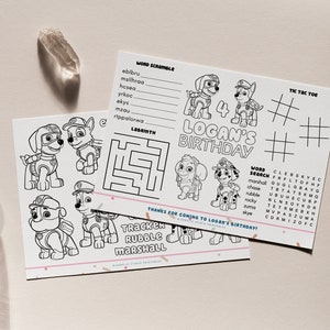 Paw Patrol Activity Sheet Birthday Party Placemat Editable Colouring in Sheet DIY Printable Instant Download Game Template PPP01