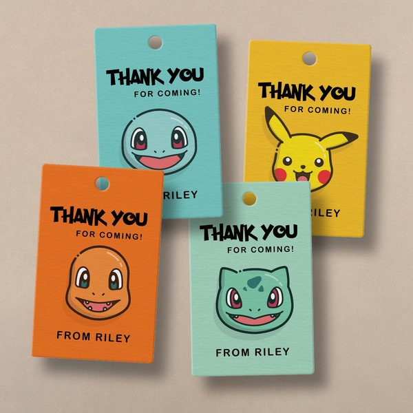 Pokemon Thank you Tags Children's Birthday Party Favour Tag Editable Gift Tag Label Personalised Instant Download Kids Birthday Pikachu PB01