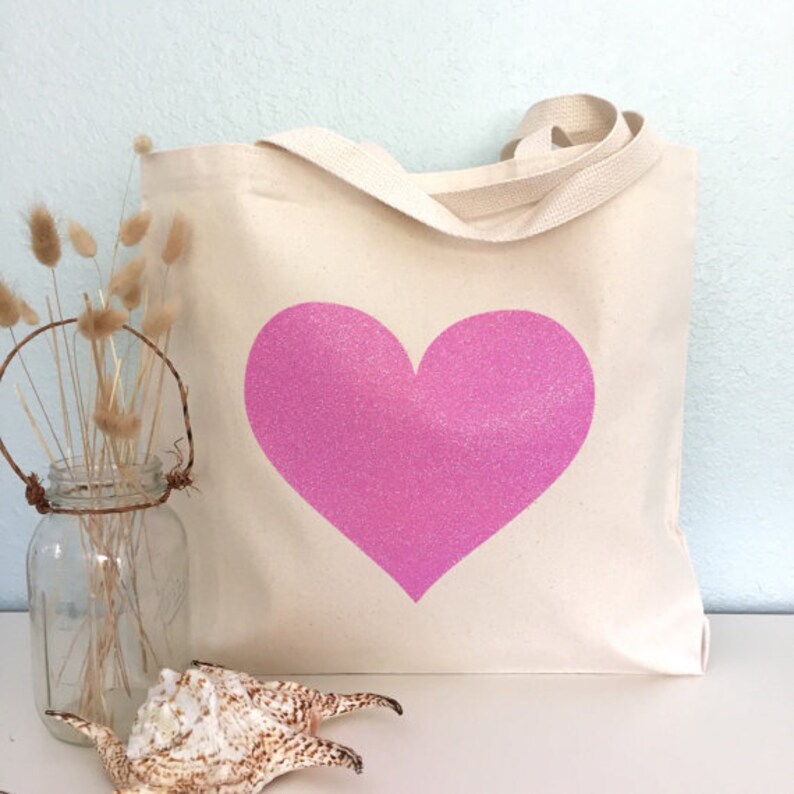 Pink Heart Canvas Tote Bag purse beach bag grocery bag or bridesmaids gift bag