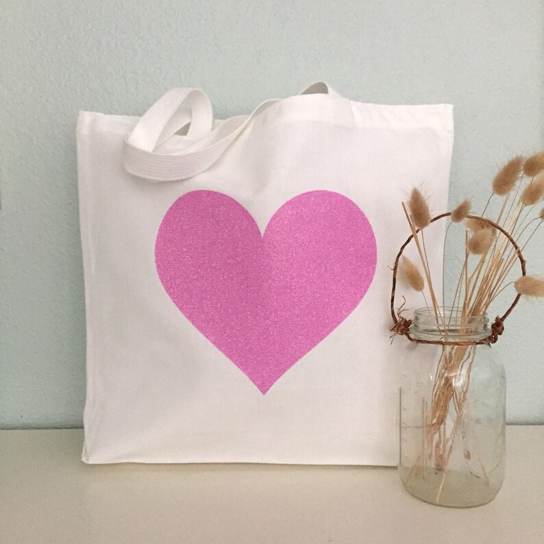 Pink Heart Canvas Tote Bag purse beach bag grocery bag or bridesmaids gift bag