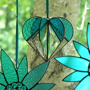 Stained Glass Heart Turquoise, Stained glass suncatcher, Heart Ornament,Bevel Heart, Turquoise Heart, Heart Suncatcher, Wedding Gift image 2