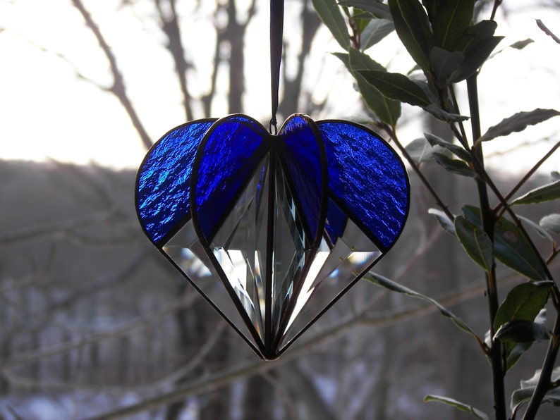 Stained Glass Heart blue, Stained Glass Suncatcher, Bevel Heart, Heart Ornament, Blue heart image 1