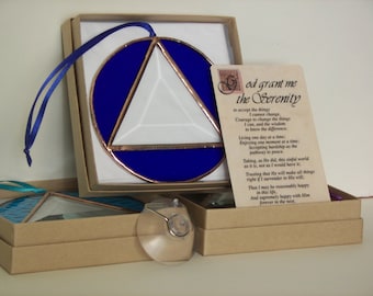 AA Recovery Symbol Stained Glass, Serenity Prayer, Sponsor Gift, Stained Glass Recovery Symbol, Recovery Symbol Blue