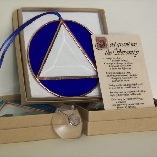 AA Recovery Symbol Stained Glass, Serenity Prayer, Sponsor Gift, Stained Glass Recovery Symbol, Recovery Symbol Blue