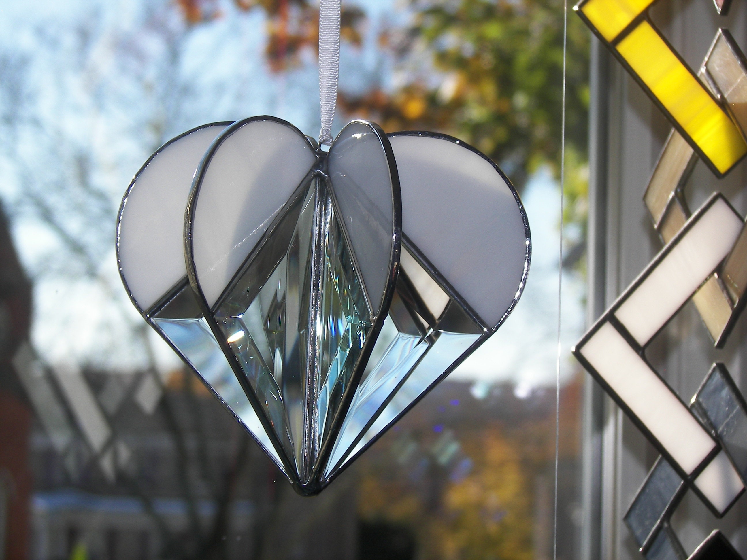 Stained Glass Heart White, 3D Heart,stained Glass Suncatcher, Heart Ornament,  Bevel Heart,wedding Gift, 3-D Heart, White Heart 