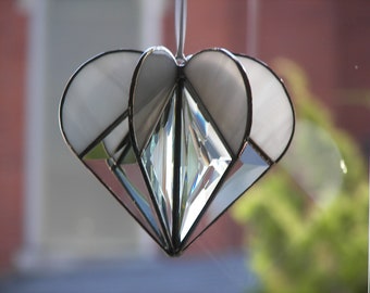 Stained Glass  Heart White, 3D Heart,Stained Glass suncatcher, Heart Ornament, Bevel Heart,Wedding Gift, 3-D heart, White Heart