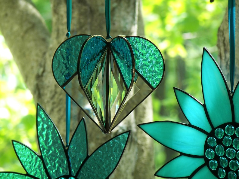 Stained Glass Heart Turquoise, Stained glass suncatcher, Heart Ornament,Bevel Heart, Turquoise Heart, Heart Suncatcher, Wedding Gift image 3