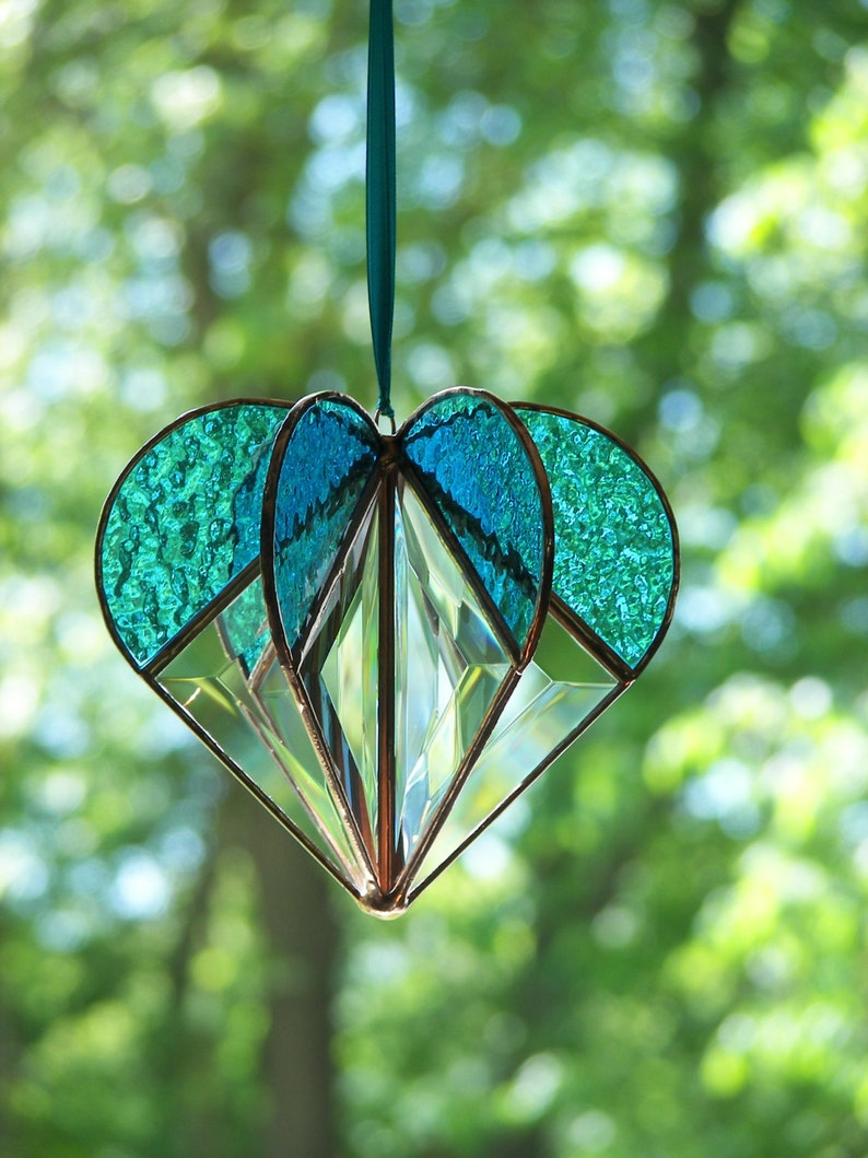 Stained Glass Heart Turquoise, Stained glass suncatcher, Heart Ornament,Bevel Heart, Turquoise Heart, Heart Suncatcher, Wedding Gift image 1