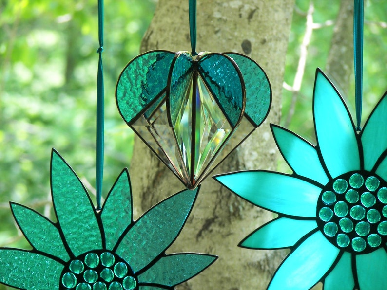 Stained Glass Heart Turquoise, Stained glass suncatcher, Heart Ornament,Bevel Heart, Turquoise Heart, Heart Suncatcher, Wedding Gift image 2