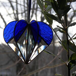 Stained Glass Heart blue, Stained Glass Suncatcher, Bevel Heart, Heart Ornament, Blue heart image 3