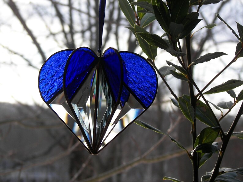 Stained Glass Heart blue, Stained Glass Suncatcher, Bevel Heart, Heart Ornament, Blue heart image 3