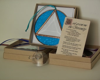 Recovery Symbol Stained Glass, Serenity Prayer, Gift Set, Stained Glass Recovery Symbol, Recovery Symbol Turquoise