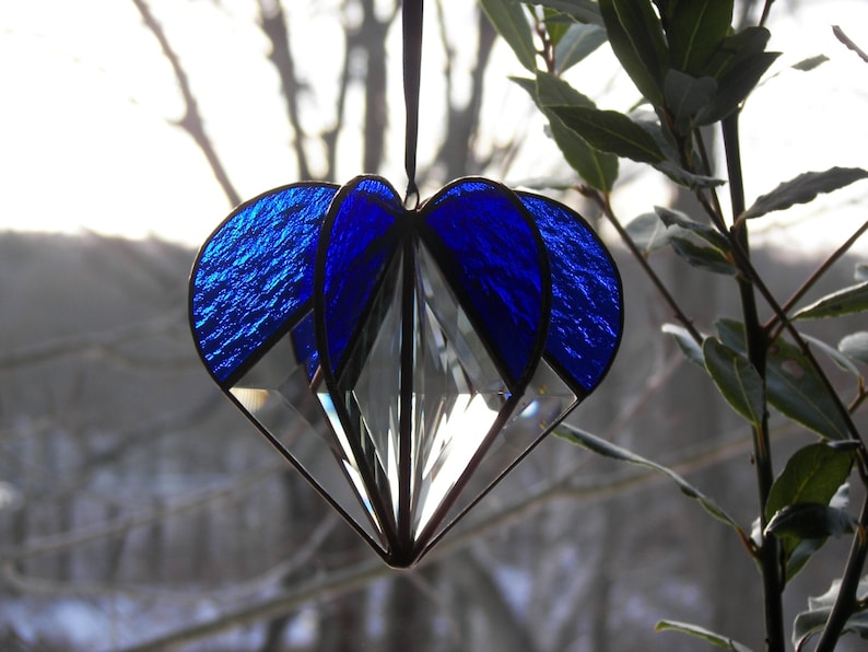 Stained Glass Heart blue, Stained Glass Suncatcher, Bevel Heart, Heart Ornament, Blue heart image 2