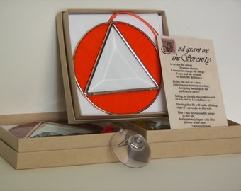 AA Recovery Symbol Stained Glass, Serenity Prayer, Gift Set, Stained Glass Recovery Symbol, Recovery Symbol Orange