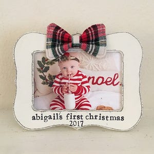 Personalized Baby's First Christmas Picture Frame: 2025, custom bow gift, Handmade Holiday Decor