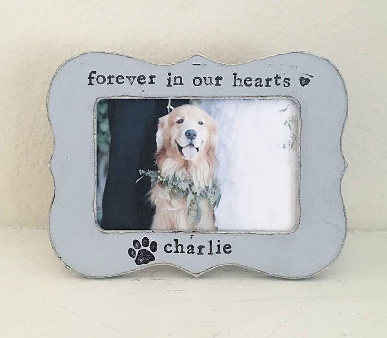 May include: A gray wooden picture frame with a white border and the text "forever in our hearts" and a paw print with the name "charlie" below the picture. The picture shows a golden retriever dog.