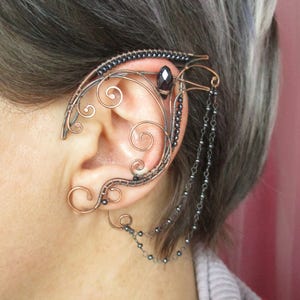 Pair of elf ear Dark elf - Copper metal ear cuffs, Wire ear cuffs with black stones, Fairy ear cuffs with chains, no piercing earrings