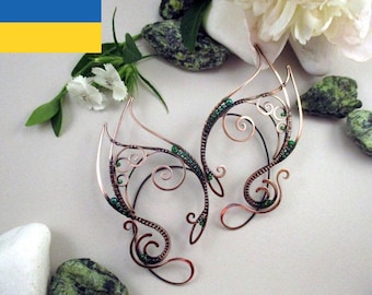 Copper Elf Ear Cuffs Medeina: Beaded Fairy Ear Wrap, No Piercing