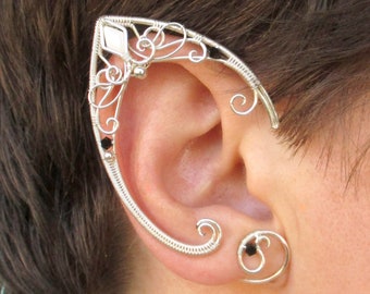 Pair of elf ear cuffs Moon Lake, black and white earring no piercing, single elvish ear, cosplay elven mermaid fairy jewelry,  short elf ear