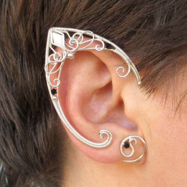 Pair of elf ear cuffs Moon Lake, black and white earring no piercing, single elvish ear, cosplay elven mermaid fairy jewelry,  short elf ear