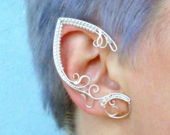 Pair of elf ear cuffs Arctic with white and clear beads - earrings no piercing, silver color beaded ear cuff, mermaid costume accessories