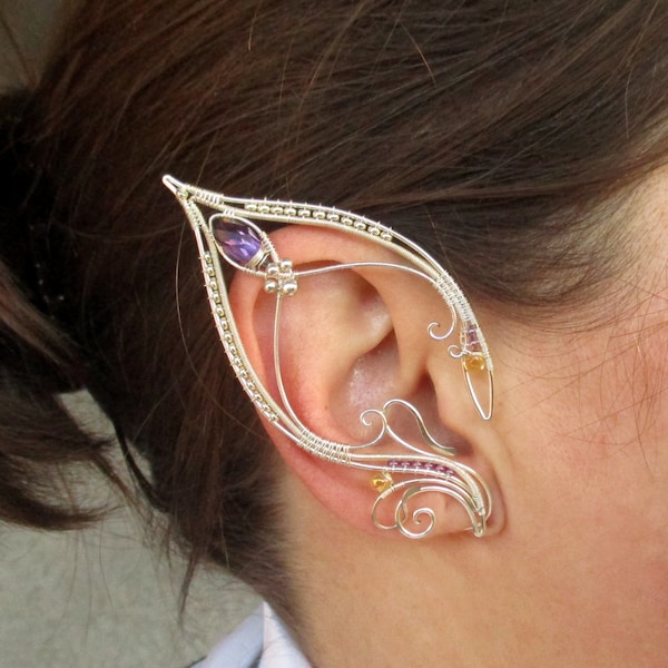 Pair of elf ear cuffs Ophelia, Single elvish ear with purple stone, mermaid costume ear jewelry, Statement earrings no piercing, wire wrap