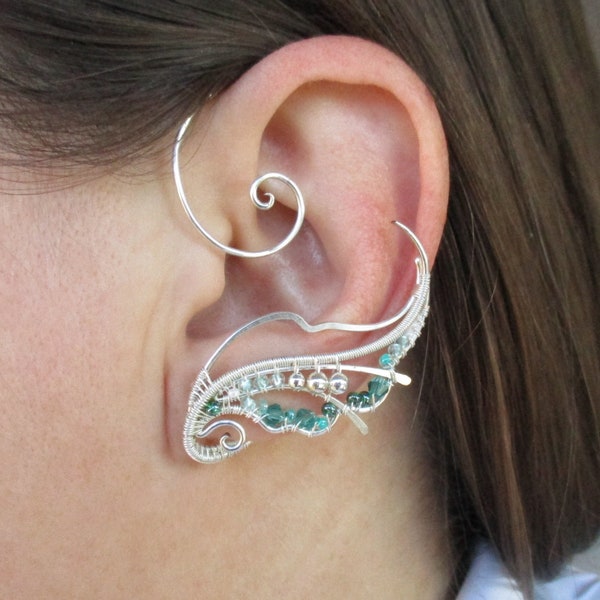 Boucles d'oreilles Fleur de nuit - Boucles d'oreilles Teal - Manchette d'oreille Elf - Crawler d'oreille - Boucles d'oreilles feuille sans piercing - Enveloppements d'oreille - Manchette d'oreille en fil