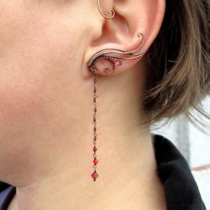 Pair of ear cuffs Core - Copper ear cuffs, beaded dangle, Red stone earrings no piercing, Single dangle ear wrap, small ear cuff with chain
