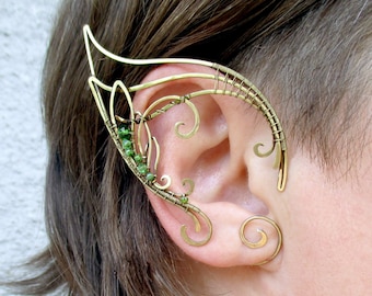 Messing Elf Ohrklemmen Ranunkel: Grüne Perlen, Elfen Schmuck, Cosplay Schmuck, Elfen Ohrschmuck, kein Piercing