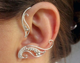 Pair of ear cuffs Jupiter - wire wrapped earcuffs, silver color ear wraps, beaded floral earrings no piercing, cosplay costume accessories