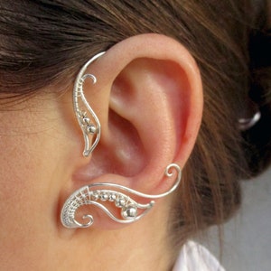 Pair of ear cuffs Jupiter - wire wrapped earcuffs, silver color ear wraps, beaded floral earrings no piercing, cosplay costume accessories