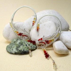 Pair of ear cuffs Antares Shine - Dangle earrings no piercing, Feather ear cuffs, Single ear wrap, Red orange yellow wing ear cuff,