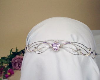 Wire wrapped elf circlet Amalthea in silver with lavander jewel