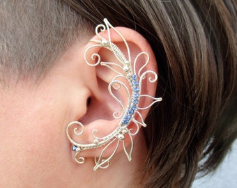 Paire de manchettes d'oreille Gaia, Boucles d'oreille couleur argent avec pierres bleues, Boucle d'oreille unique sans piercing faite à la main, Bijoux d'oreille de costume de fée, Floral